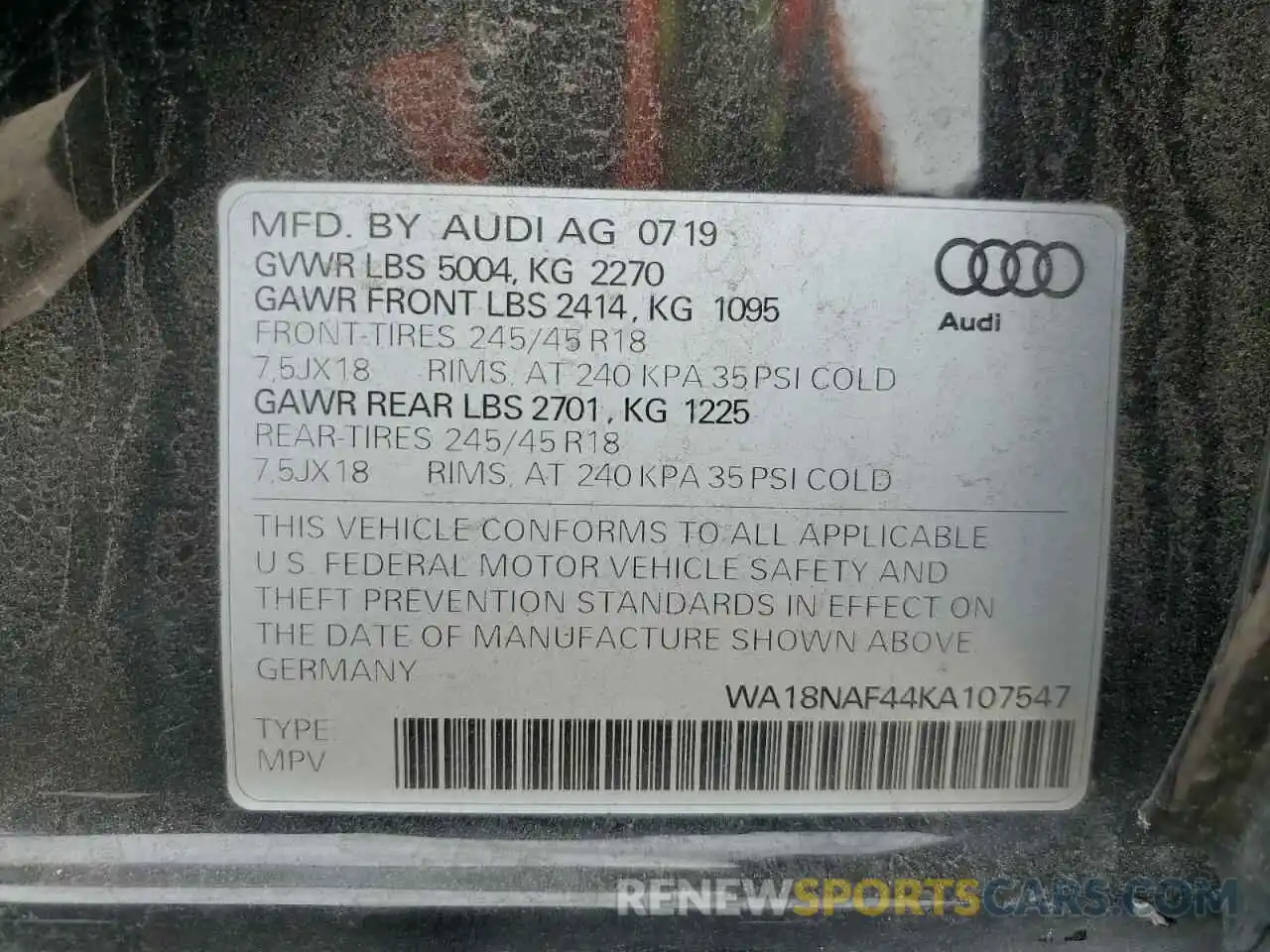 13 Photograph of a damaged car WA18NAF44KA107547 AUDI A4 2019