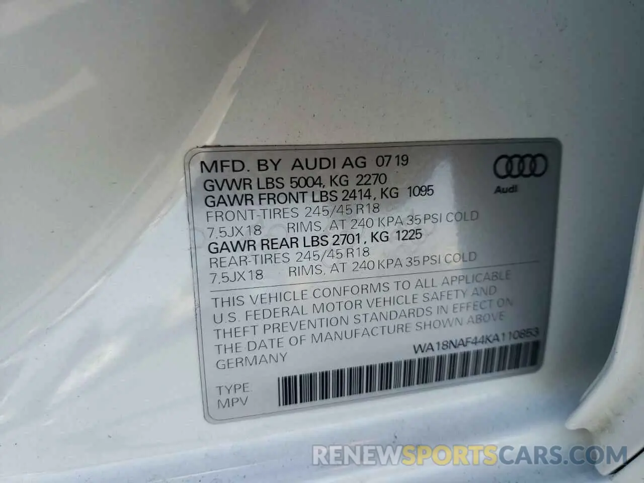 10 Photograph of a damaged car WA18NAF44KA110853 AUDI A4 2019