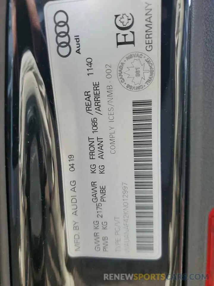 12 Photograph of a damaged car WAUANAF42KN012997 AUDI A4 2019