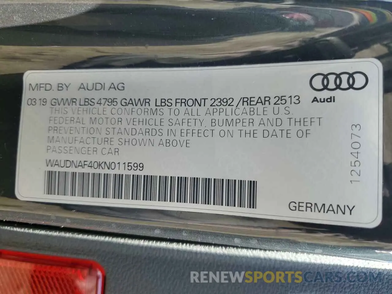 12 Photograph of a damaged car WAUDNAF40KN011599 AUDI A4 2019