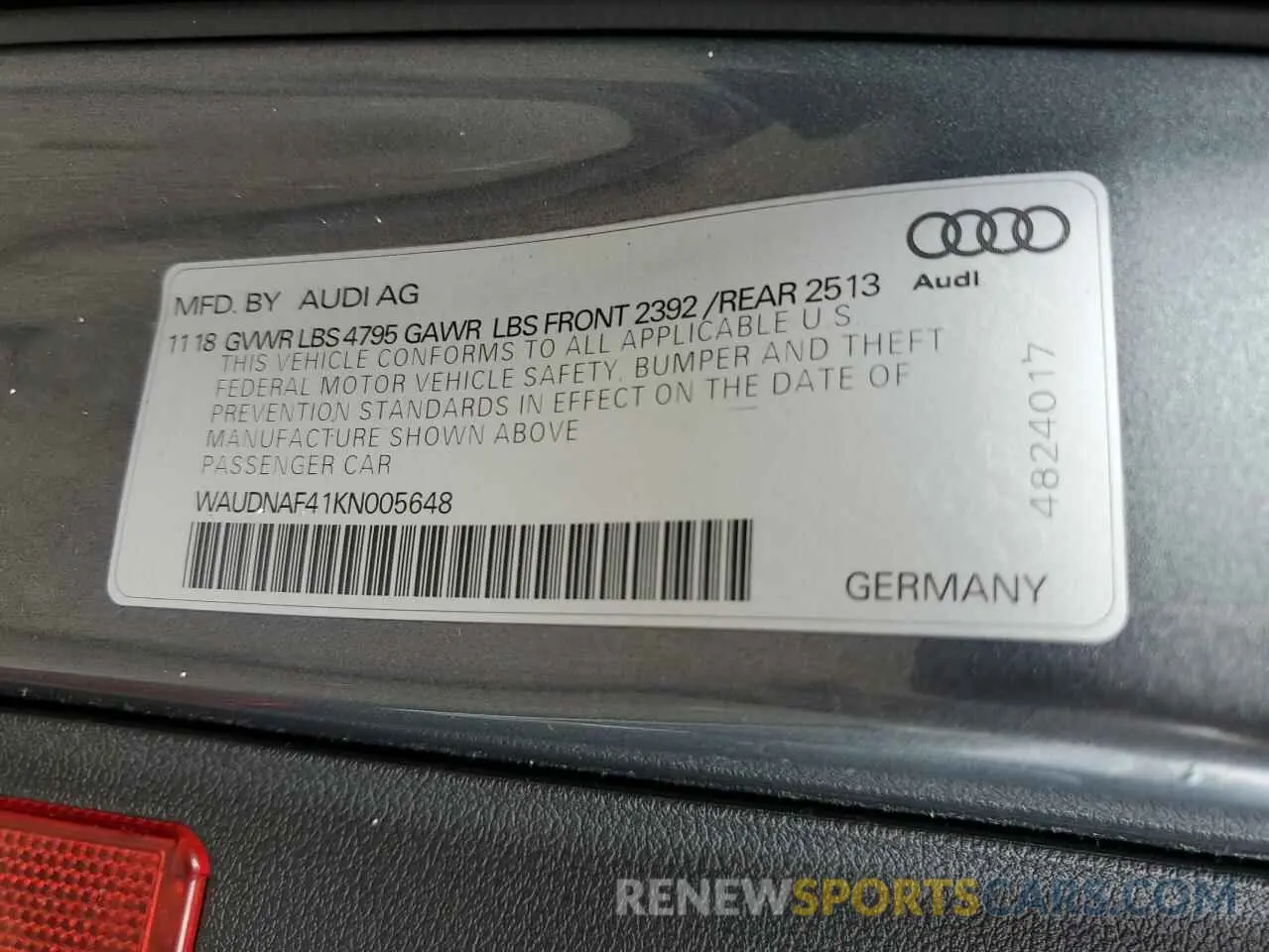 13 Photograph of a damaged car WAUDNAF41KN005648 AUDI A4 2019