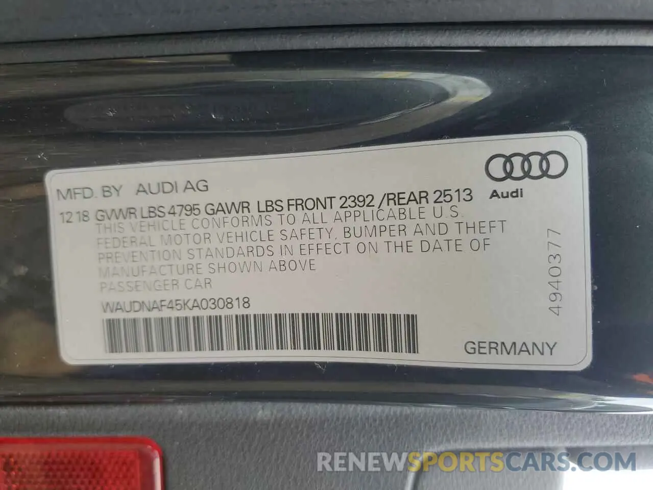 12 Photograph of a damaged car WAUDNAF45KA030818 AUDI A4 2019