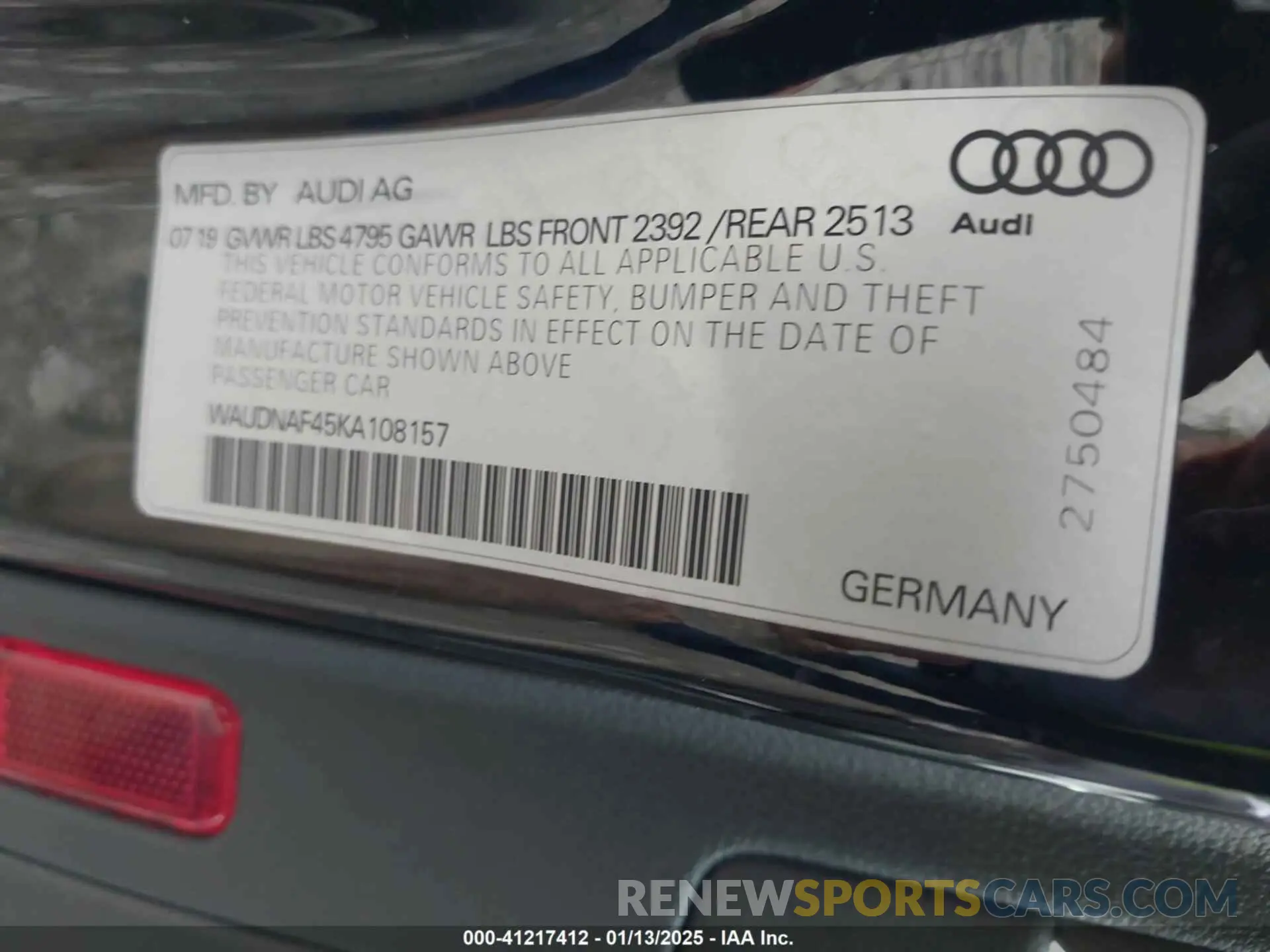 9 Photograph of a damaged car WAUDNAF45KA108157 AUDI A4 2019