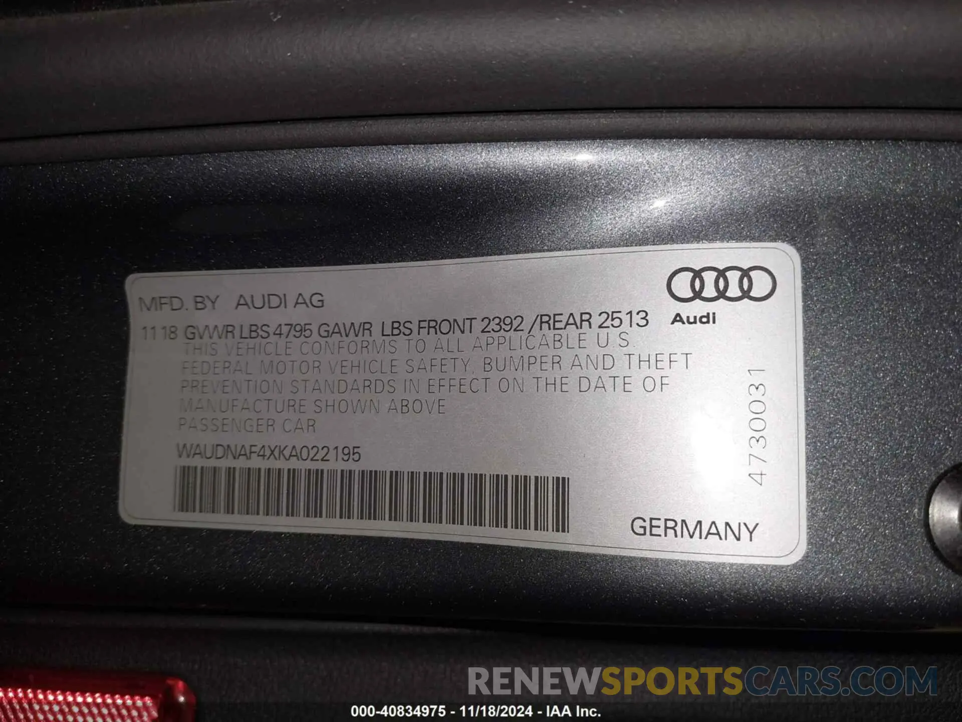 9 Photograph of a damaged car WAUDNAF4XKA022195 AUDI A4 2019