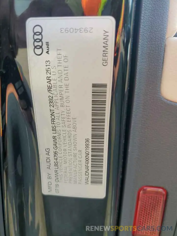 12 Photograph of a damaged car WAUDNAF4XKN019936 AUDI A4 2019