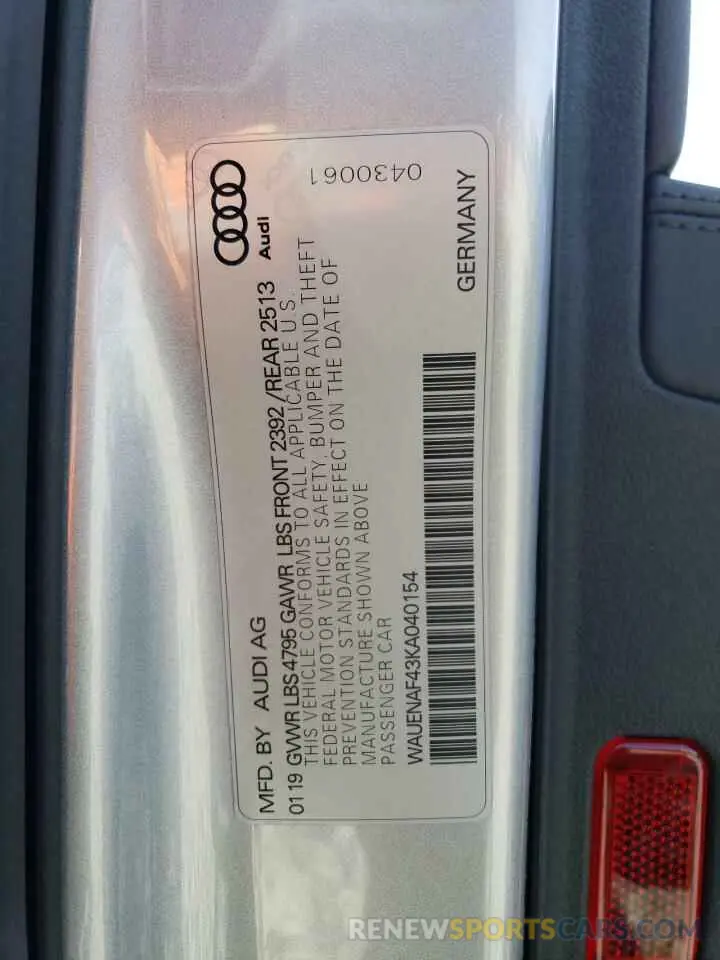 12 Photograph of a damaged car WAUENAF43KA040154 AUDI A4 2019