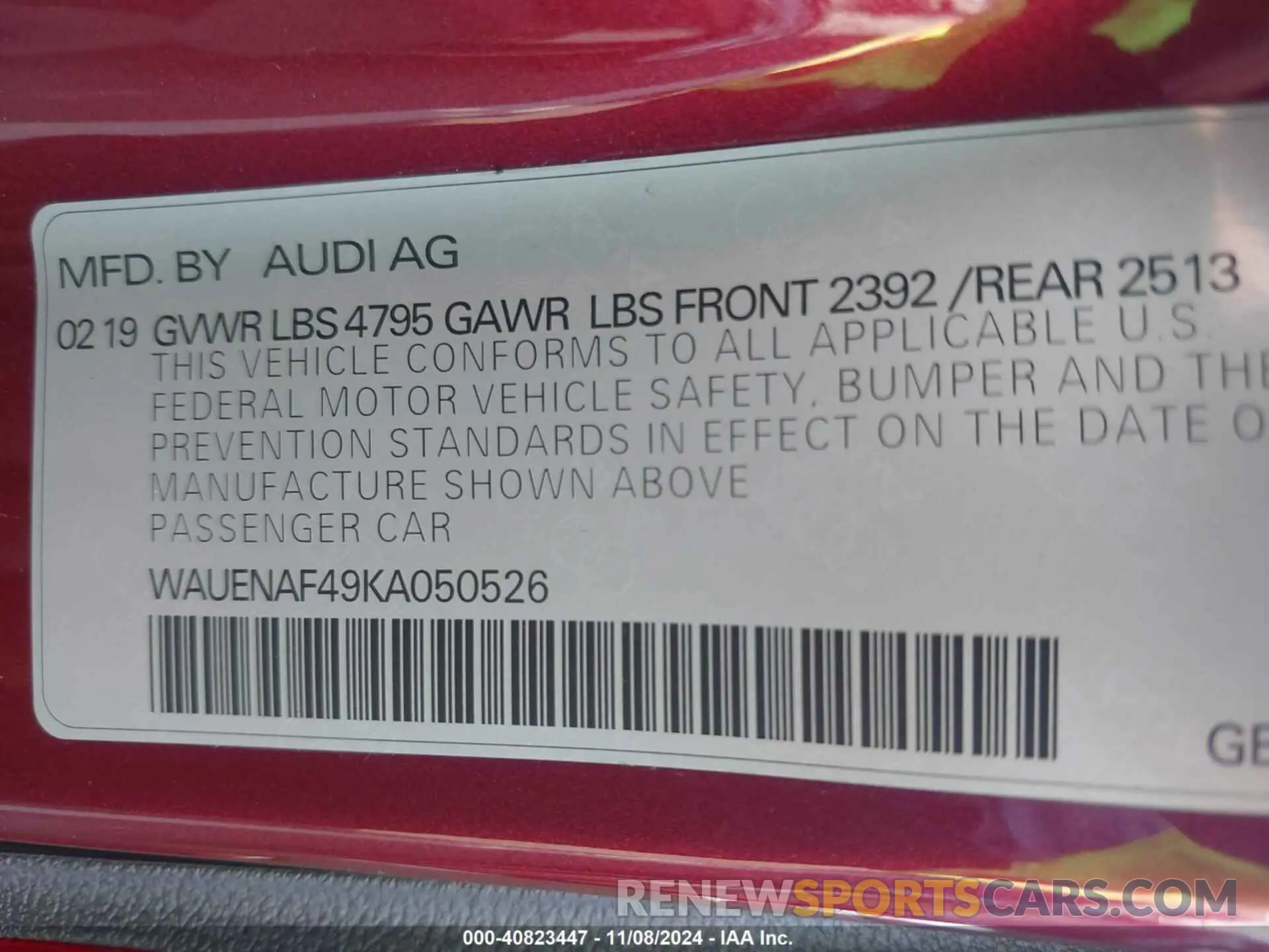9 Photograph of a damaged car WAUENAF49KA050526 AUDI A4 2019