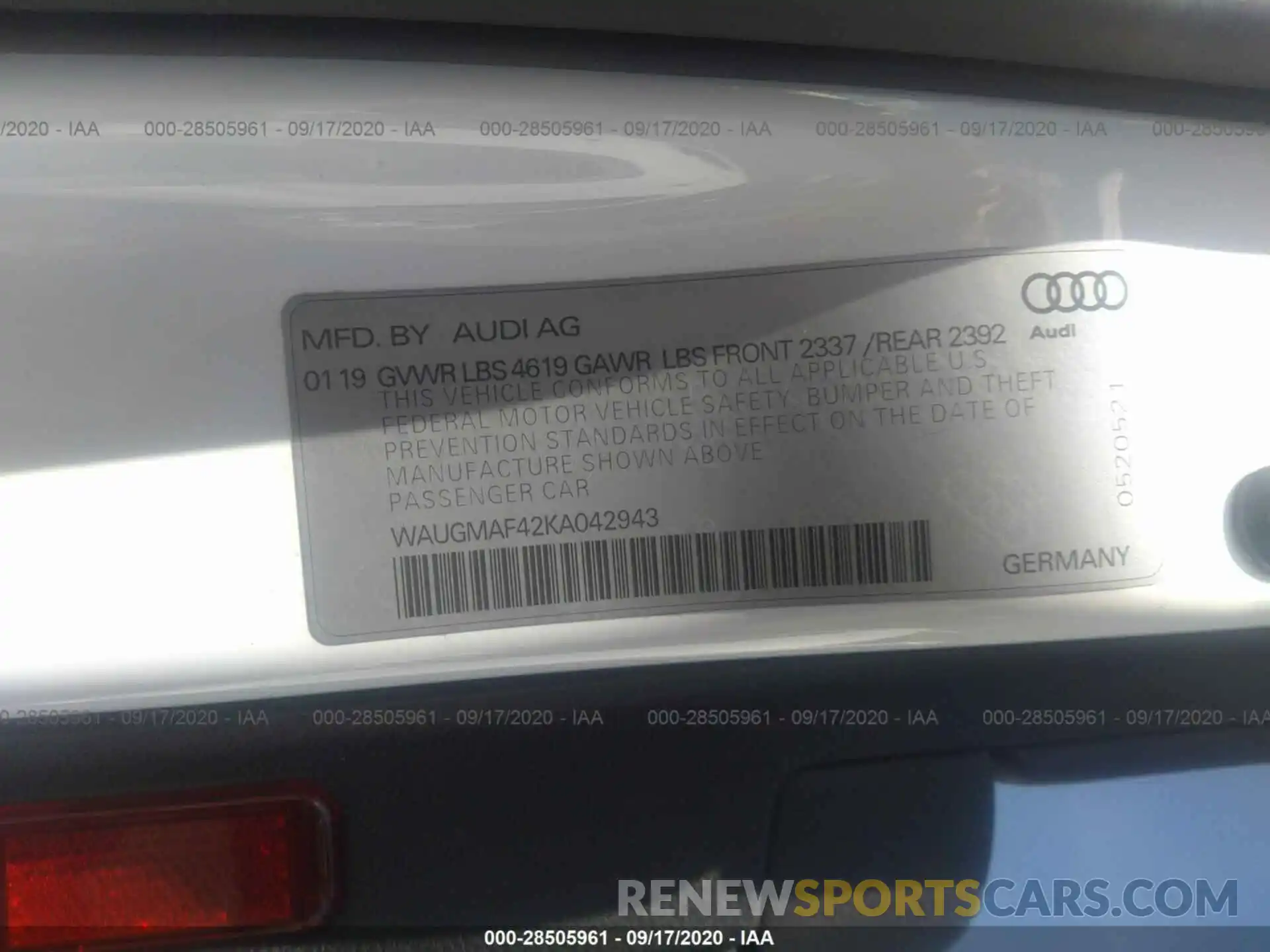 9 Photograph of a damaged car WAUGMAF42KA042943 AUDI A4 2019