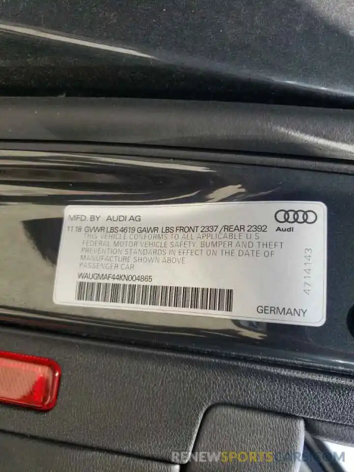 10 Photograph of a damaged car WAUGMAF44KN004865 AUDI A4 2019