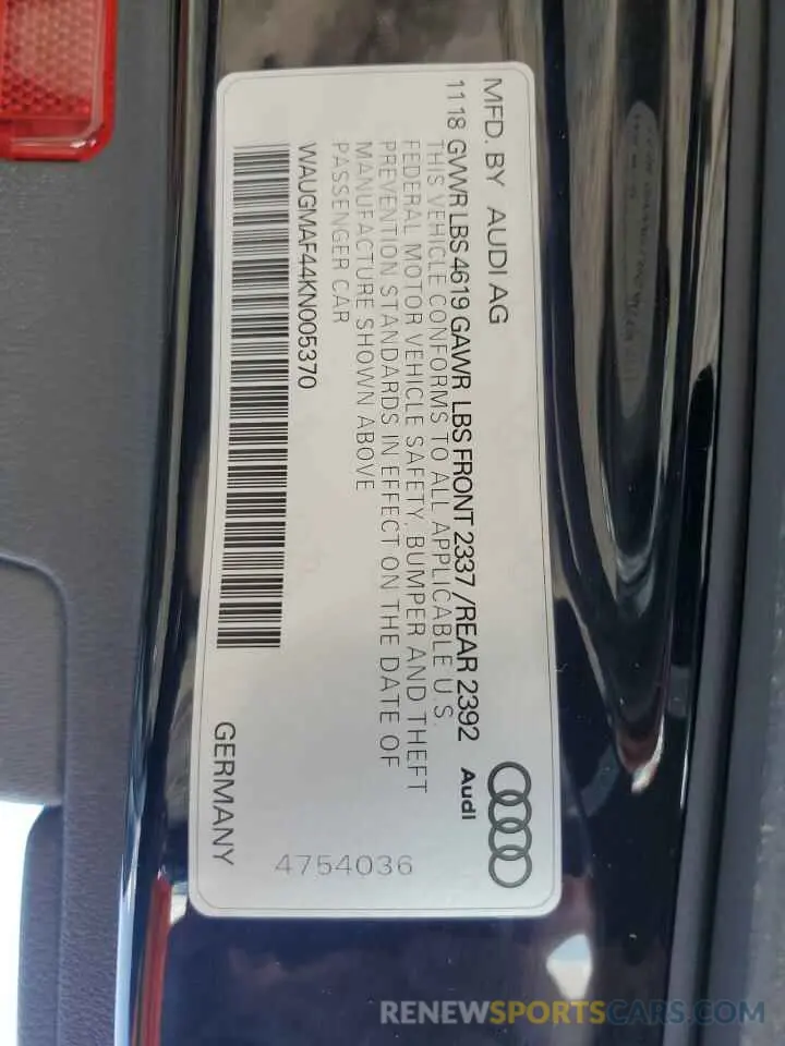 12 Photograph of a damaged car WAUGMAF44KN005370 AUDI A4 2019