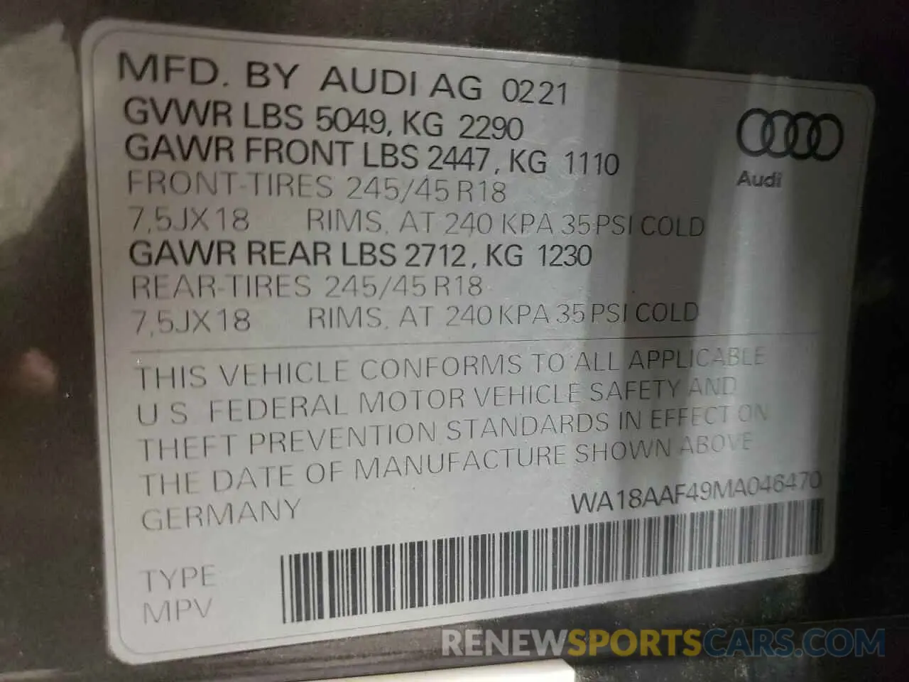 14 Photograph of a damaged car WA18AAF49MA046470 AUDI A4 2021
