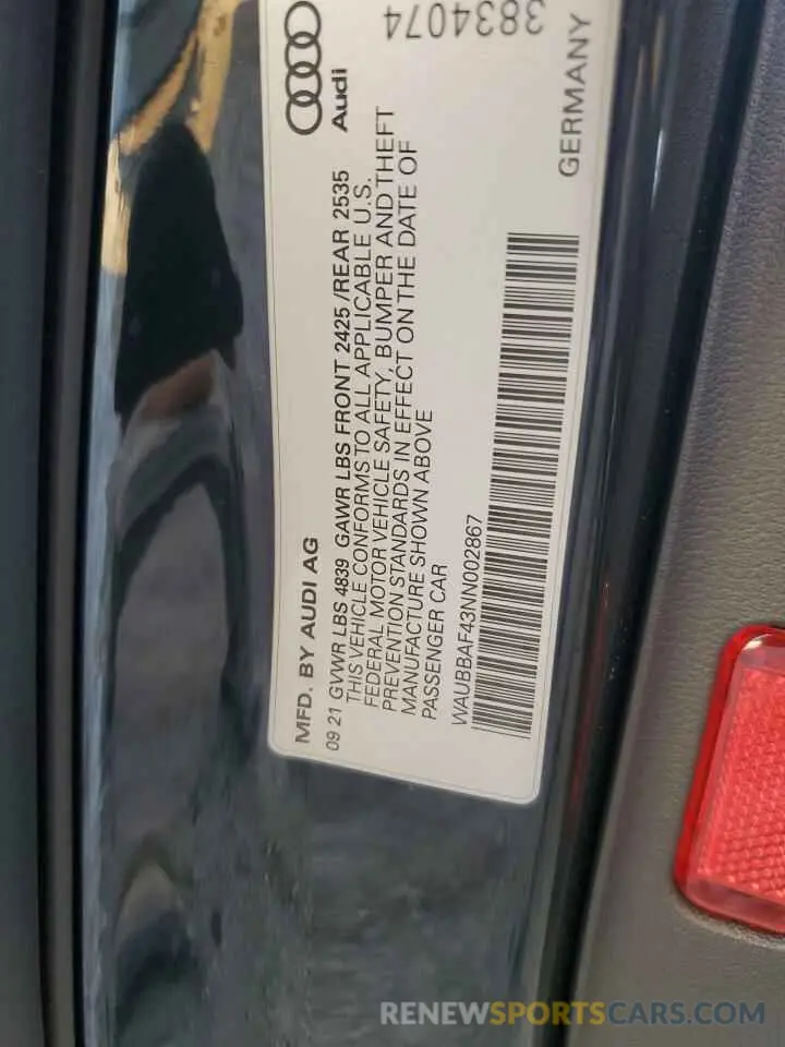 13 Photograph of a damaged car WAUBBAF43NN002867 AUDI A4 2022