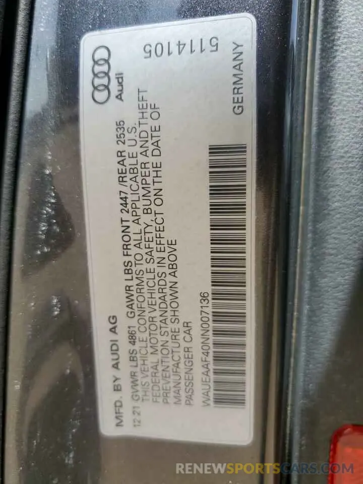 12 Photograph of a damaged car WAUEAAF40NN007136 AUDI A4 2022