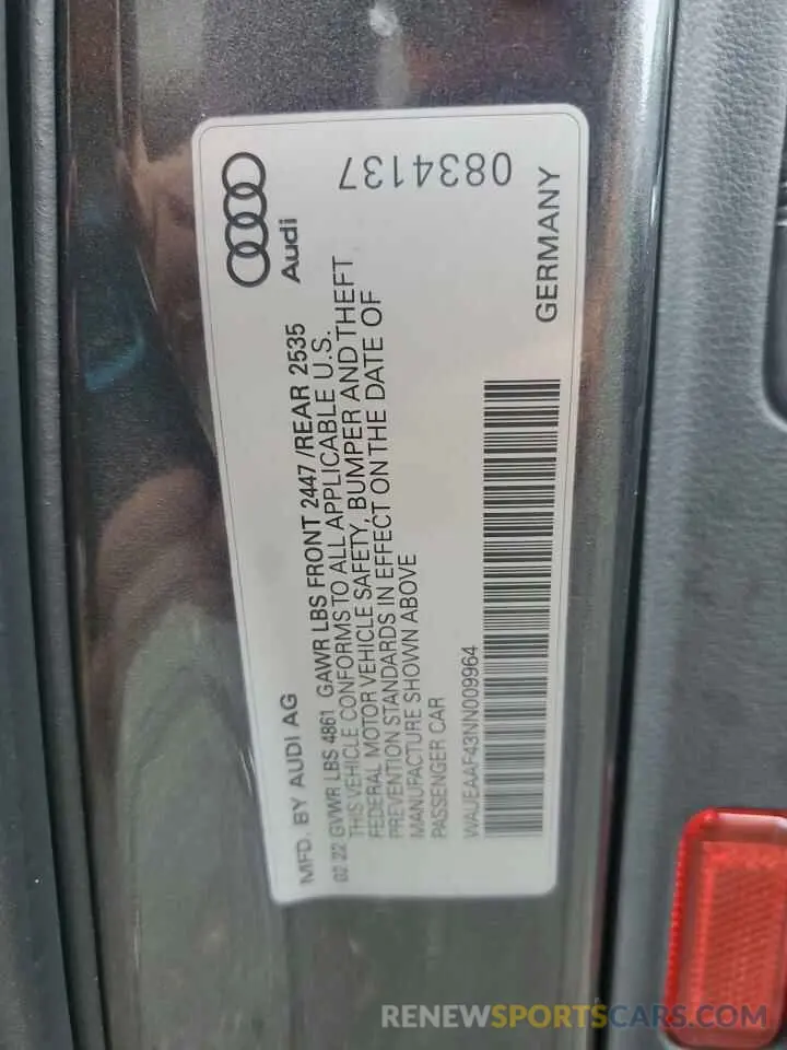 12 Photograph of a damaged car WAUEAAF43NN009964 AUDI A4 2022