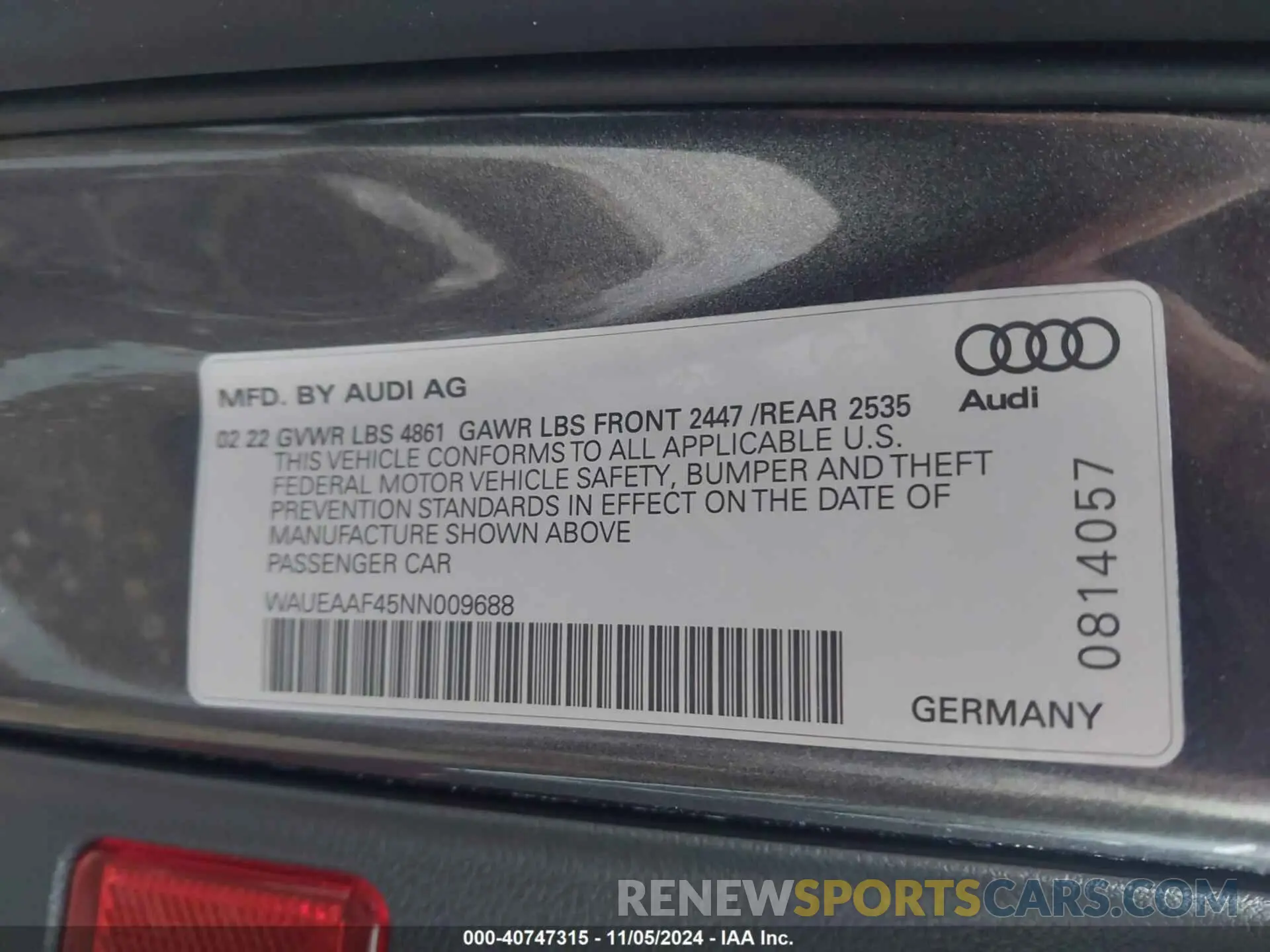 9 Photograph of a damaged car WAUEAAF45NN009688 AUDI A4 2022