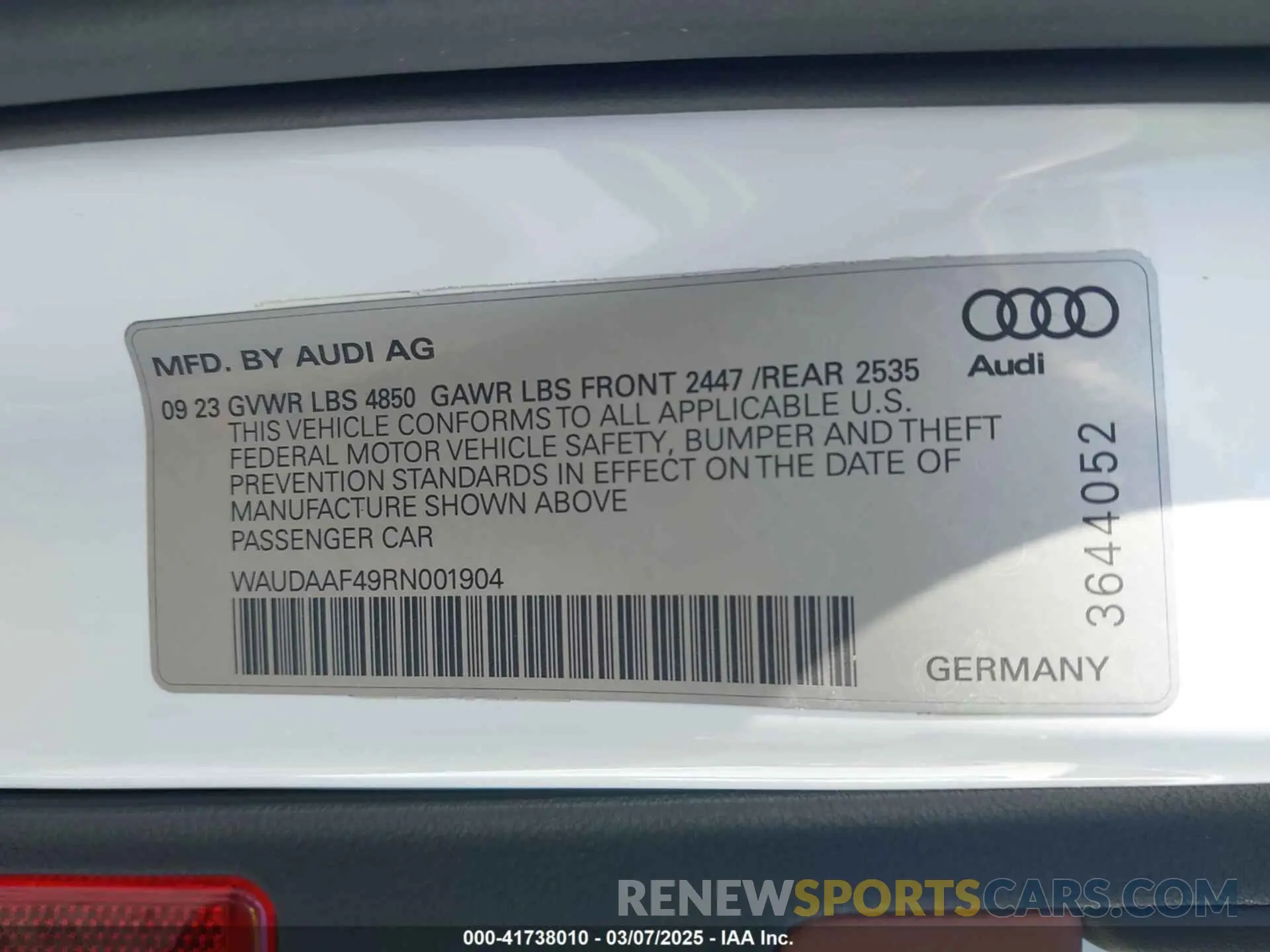9 Photograph of a damaged car WAUDAAF49RN001904 AUDI A4 2024