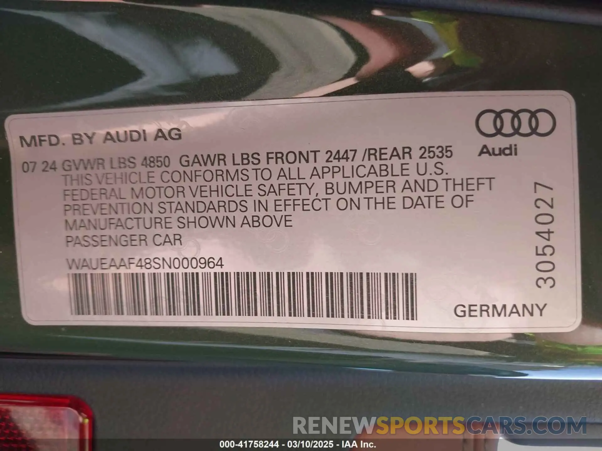 9 Photograph of a damaged car WAUEAAF48SN000964 AUDI A4 2025