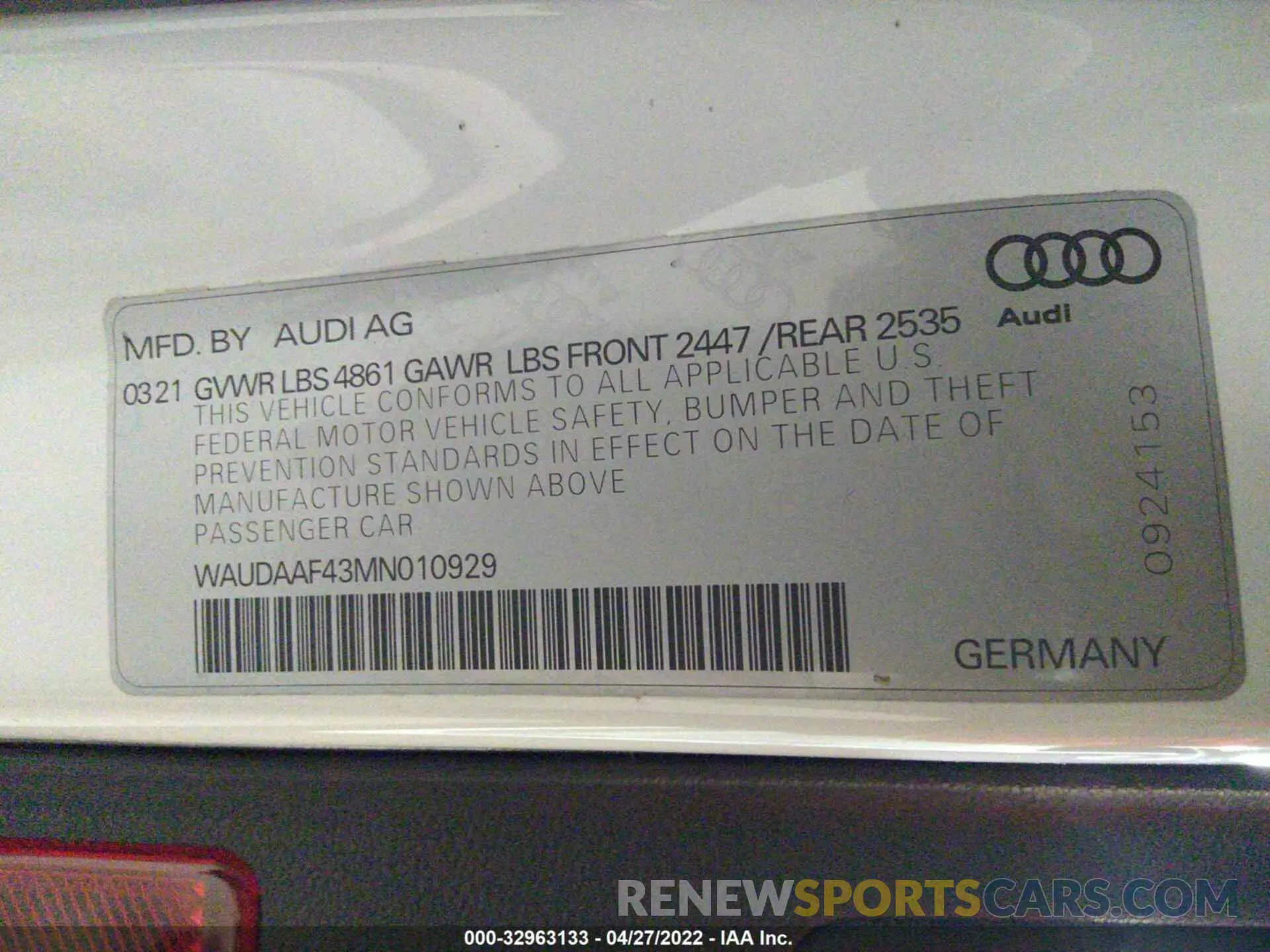 9 Photograph of a damaged car WAUDAAF43MN010929 AUDI A4 SEDAN 2021