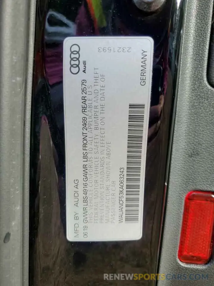 12 Photograph of a damaged car WAUANCF53KA063243 AUDI A5 2019