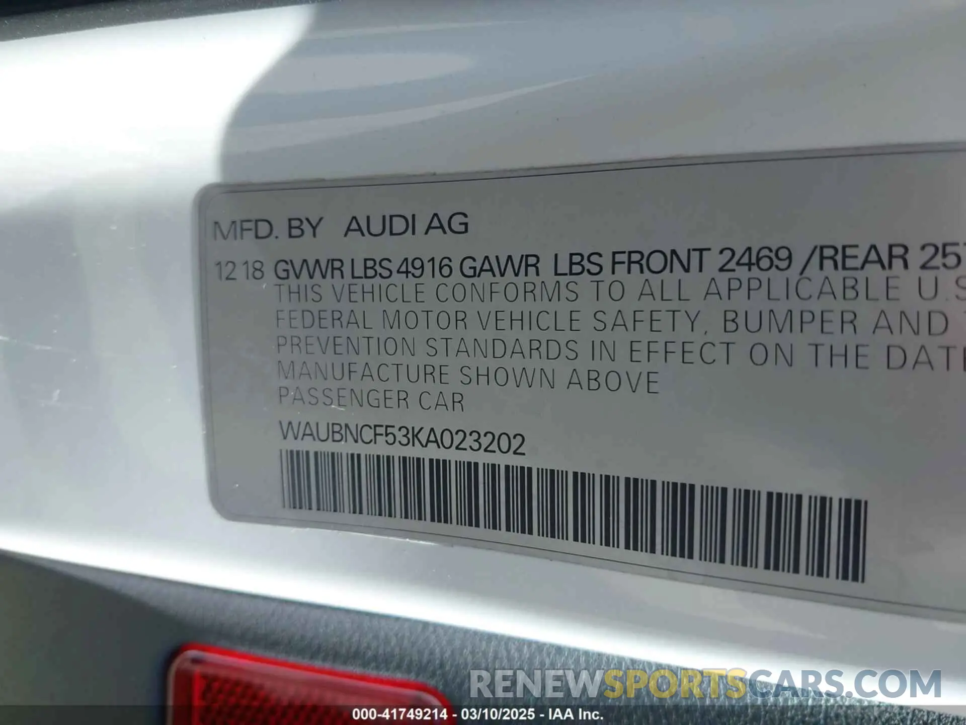 9 Photograph of a damaged car WAUBNCF53KA023202 AUDI A5 2019