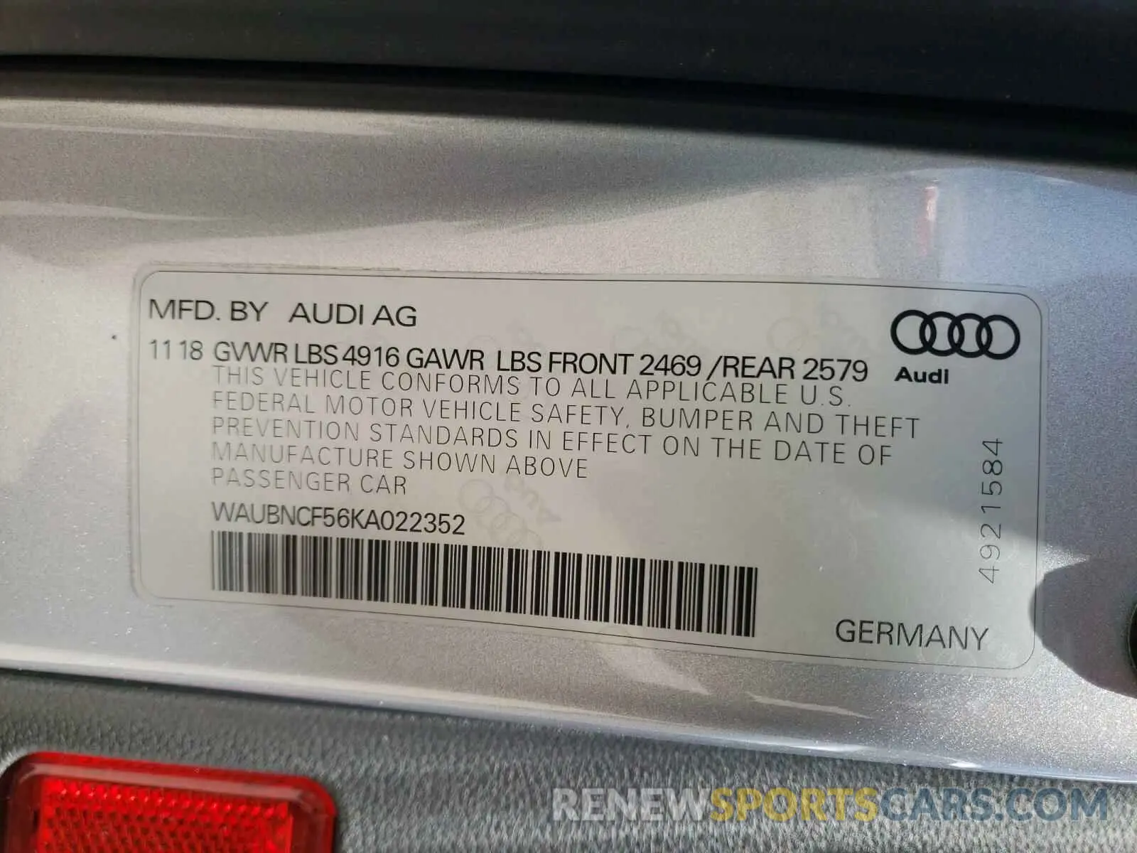 10 Photograph of a damaged car WAUBNCF56KA022352 AUDI A5 2019