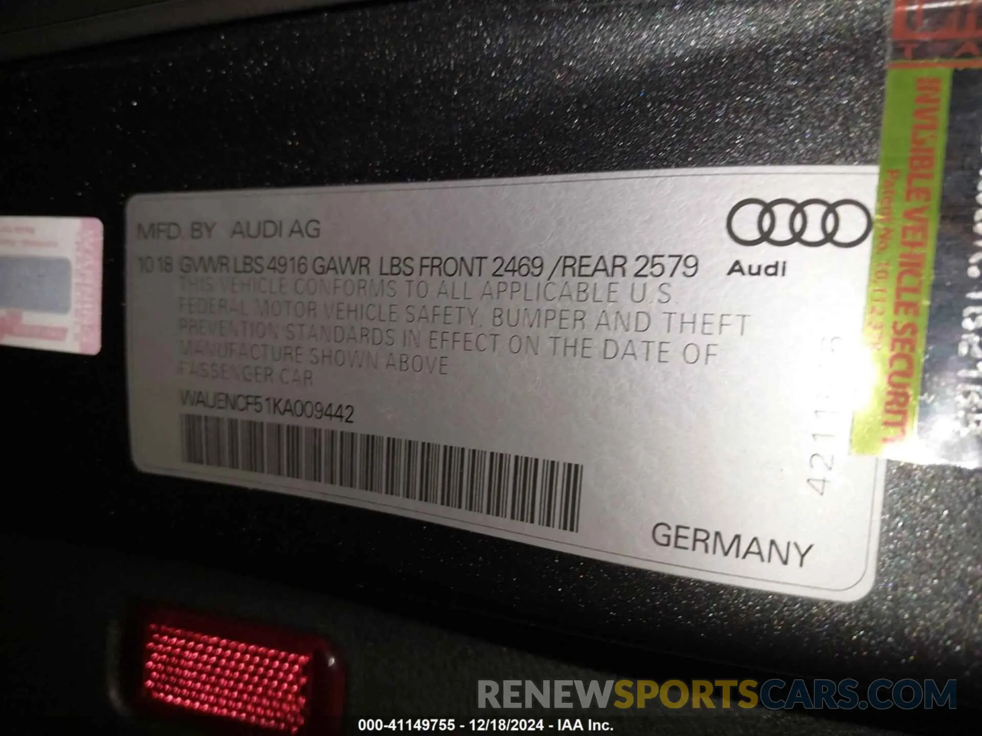 9 Photograph of a damaged car WAUENCF51KA009442 AUDI A5 2019
