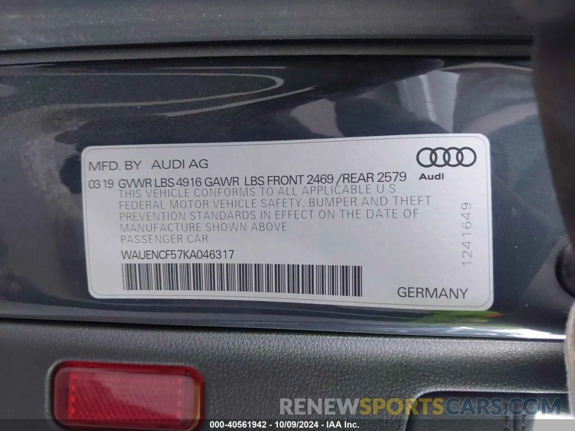 9 Photograph of a damaged car WAUENCF57KA046317 AUDI A5 2019