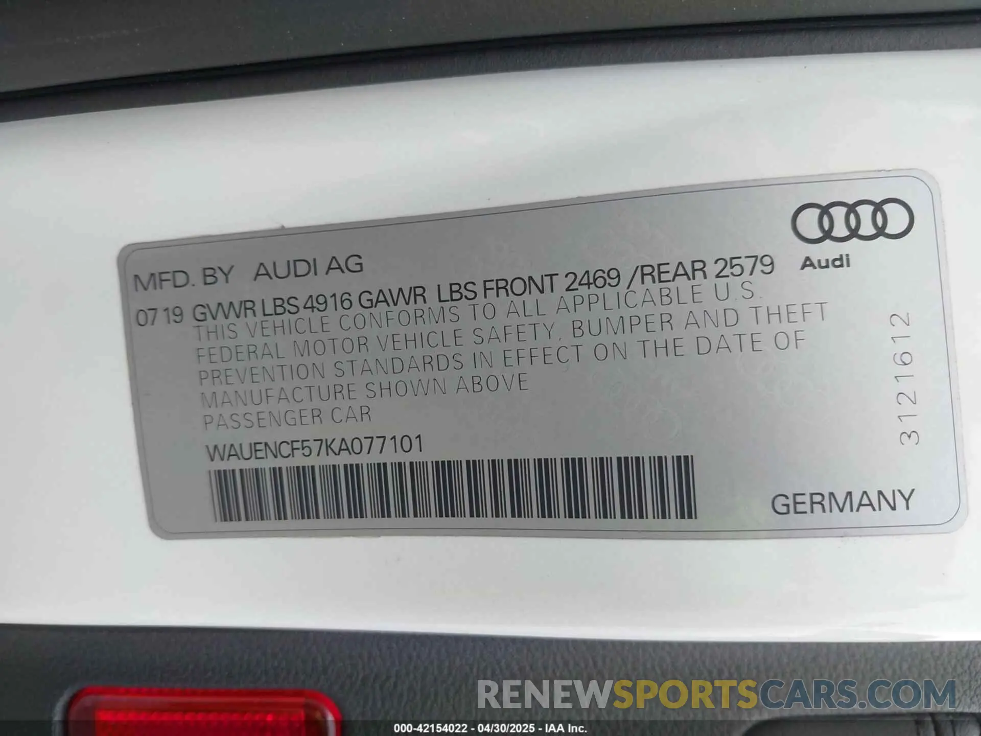 9 Photograph of a damaged car WAUENCF57KA077101 AUDI A5 2019