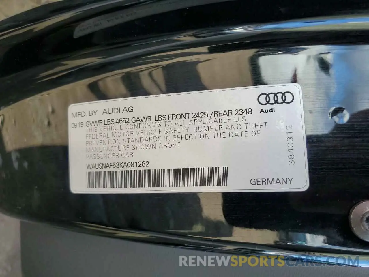 10 Photograph of a damaged car WAUSNAF53KA081282 AUDI A5 2019
