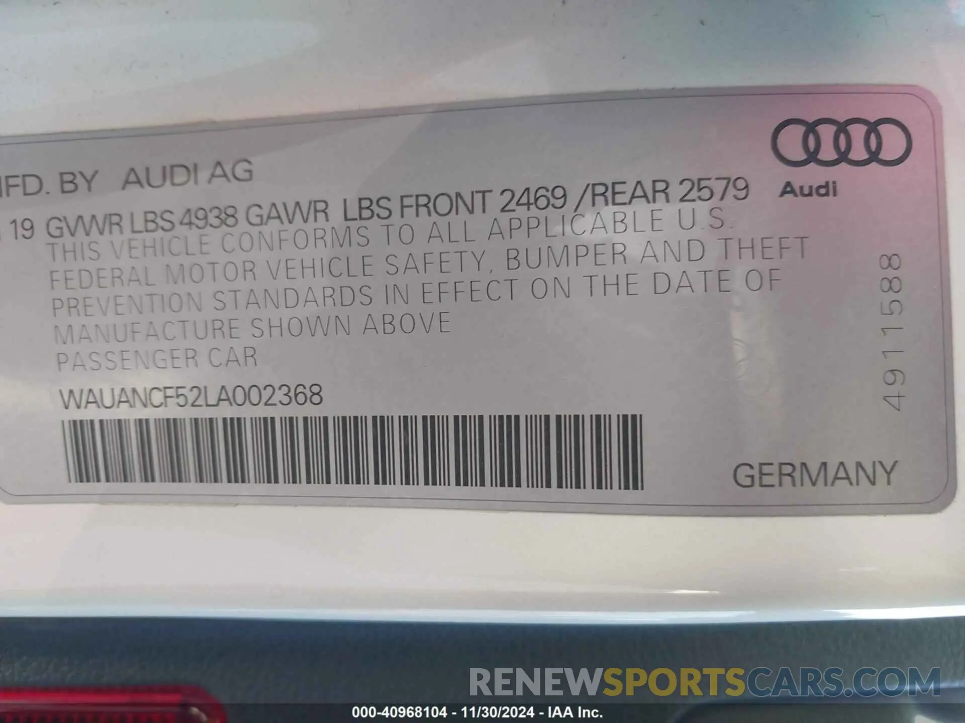 9 Photograph of a damaged car WAUANCF52LA002368 AUDI A5 SPORTBACK 2020