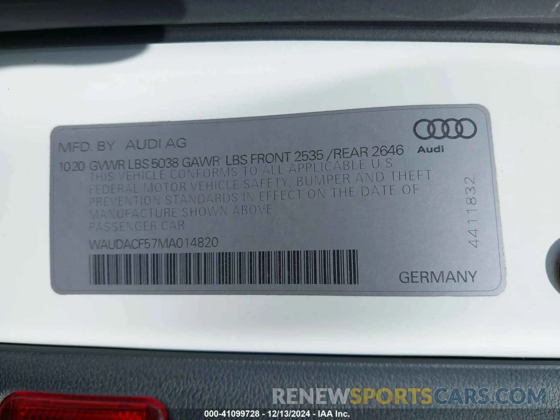 9 Photograph of a damaged car WAUDACF57MA014820 AUDI A5 SPORTBACK 2021