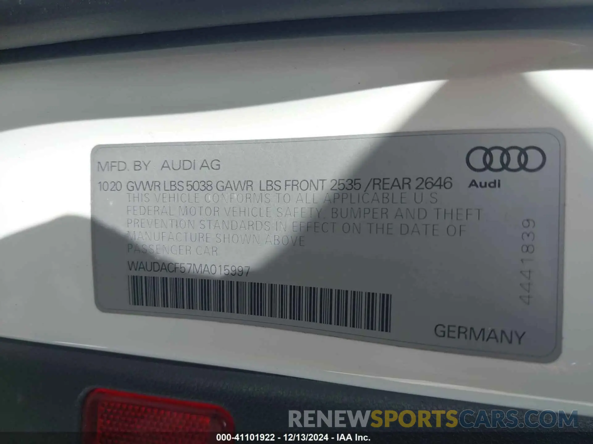 9 Photograph of a damaged car WAUDACF57MA015997 AUDI A5 SPORTBACK 2021