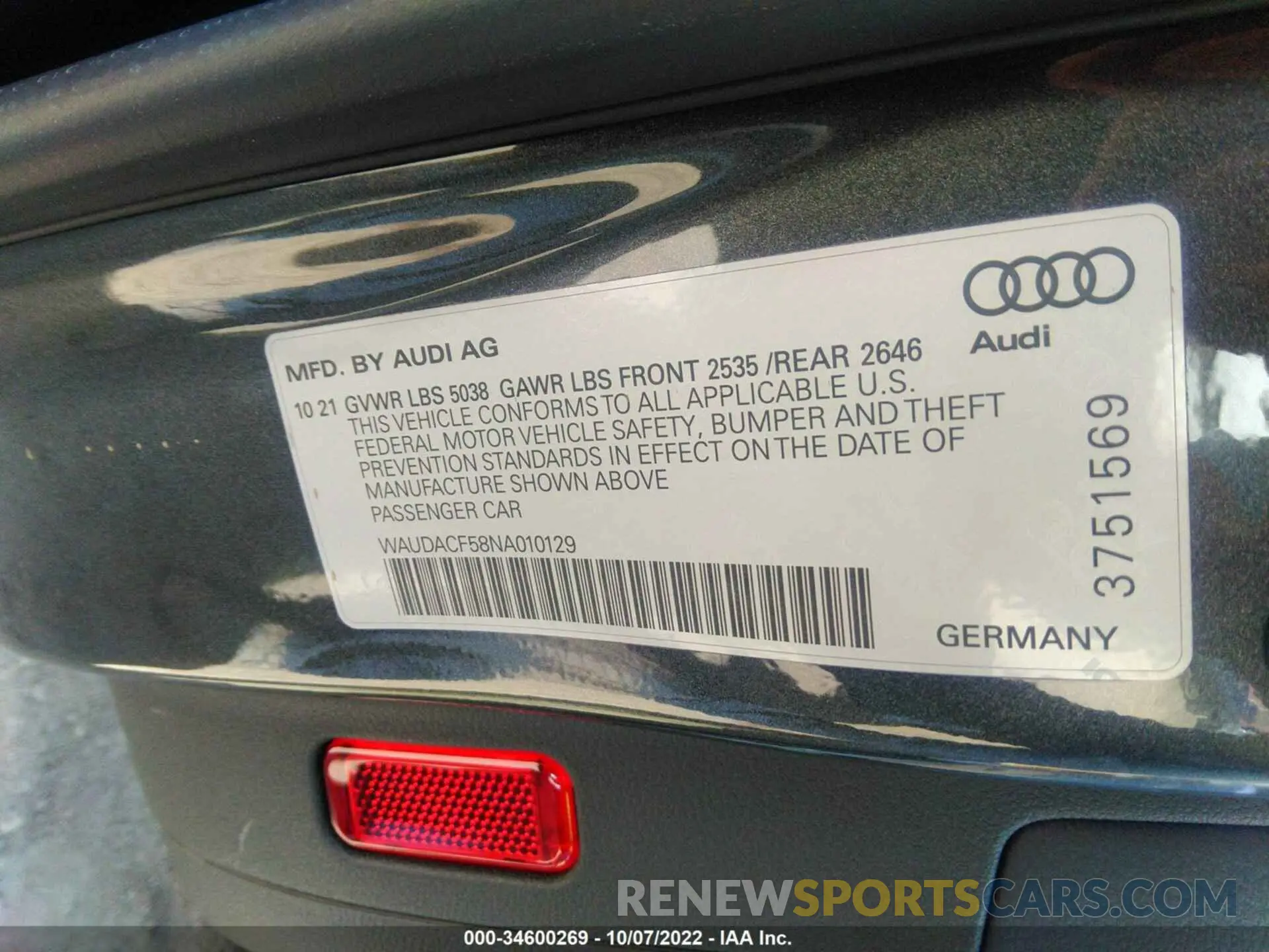 9 Photograph of a damaged car WAUDACF58NA010129 AUDI A5 SPORTBACK 2022