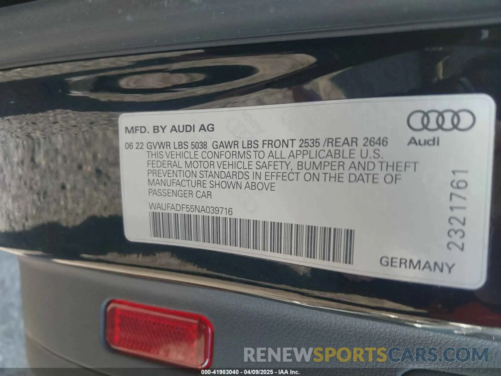 9 Photograph of a damaged car WAUFADF55NA039716 AUDI A5 SPORTBACK 2022