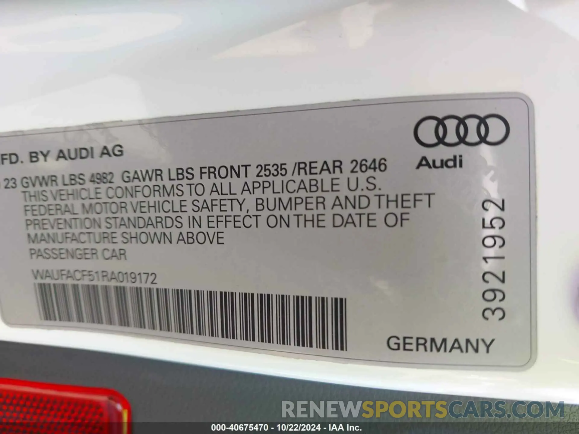 9 Photograph of a damaged car WAUFACF51RA019172 AUDI A5 SPORTBACK 2024