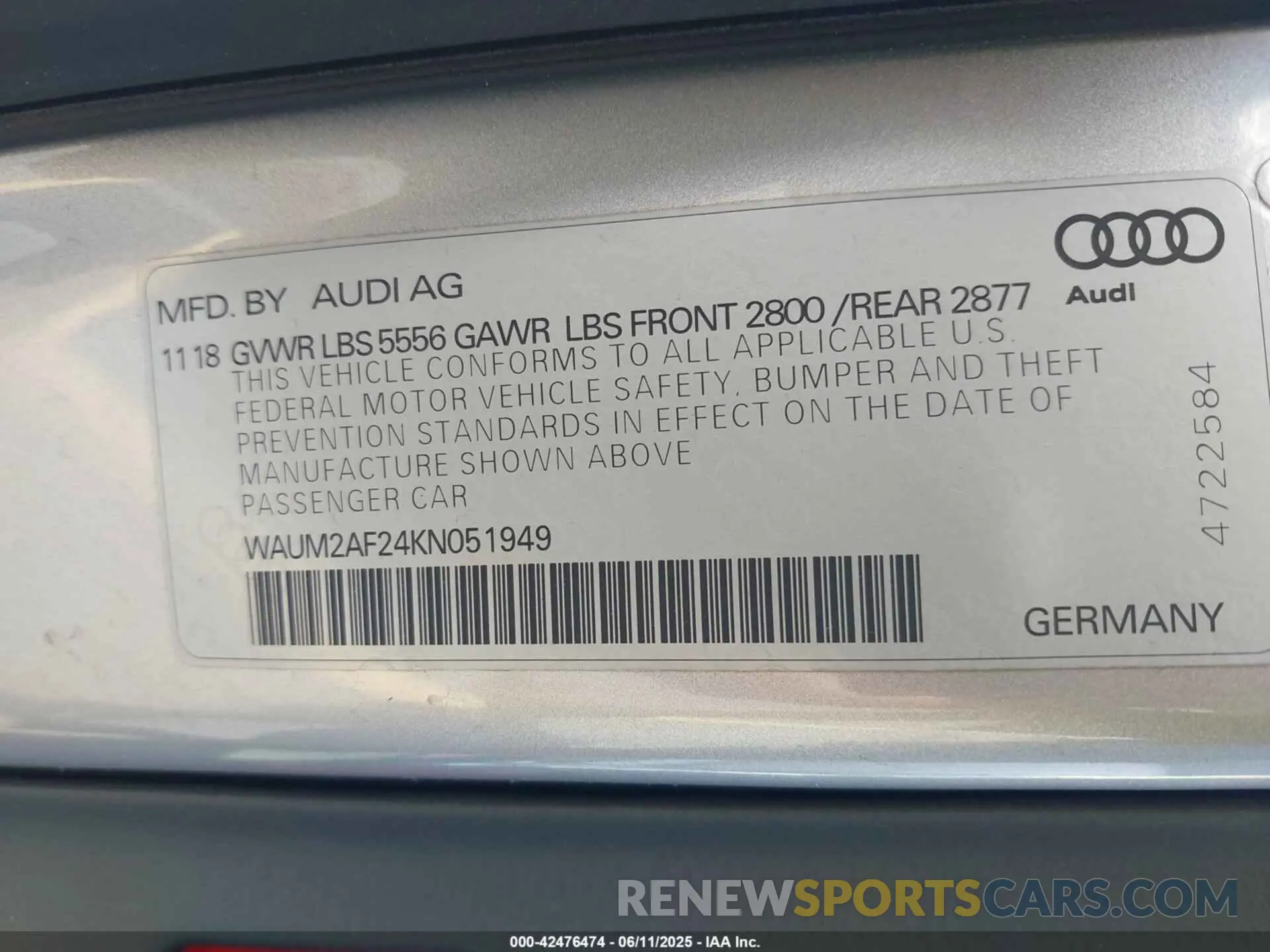 9 Photograph of a damaged car WAUM2AF24KN051949 AUDI A6 2019