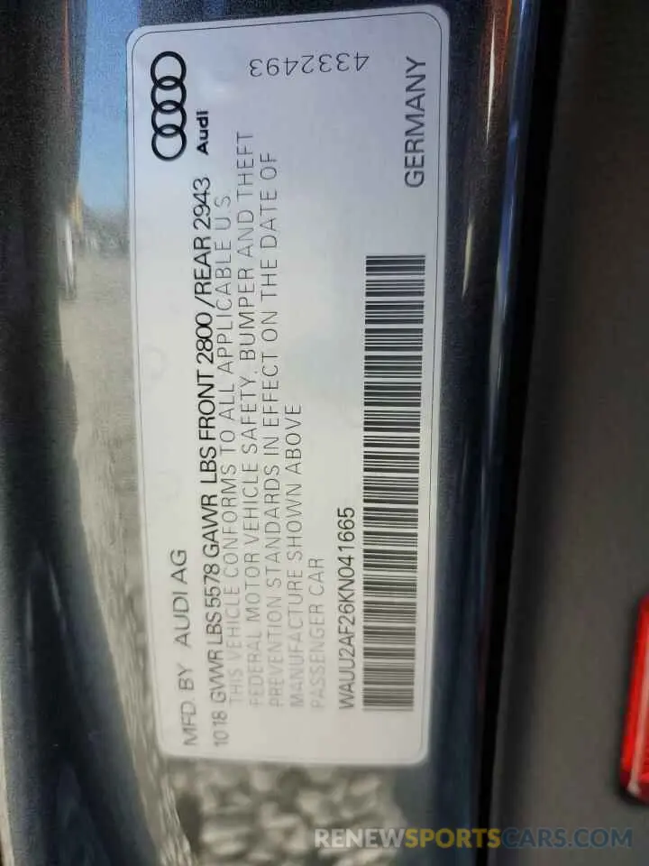 12 Photograph of a damaged car WAUU2AF26KN041665 AUDI A7 2019