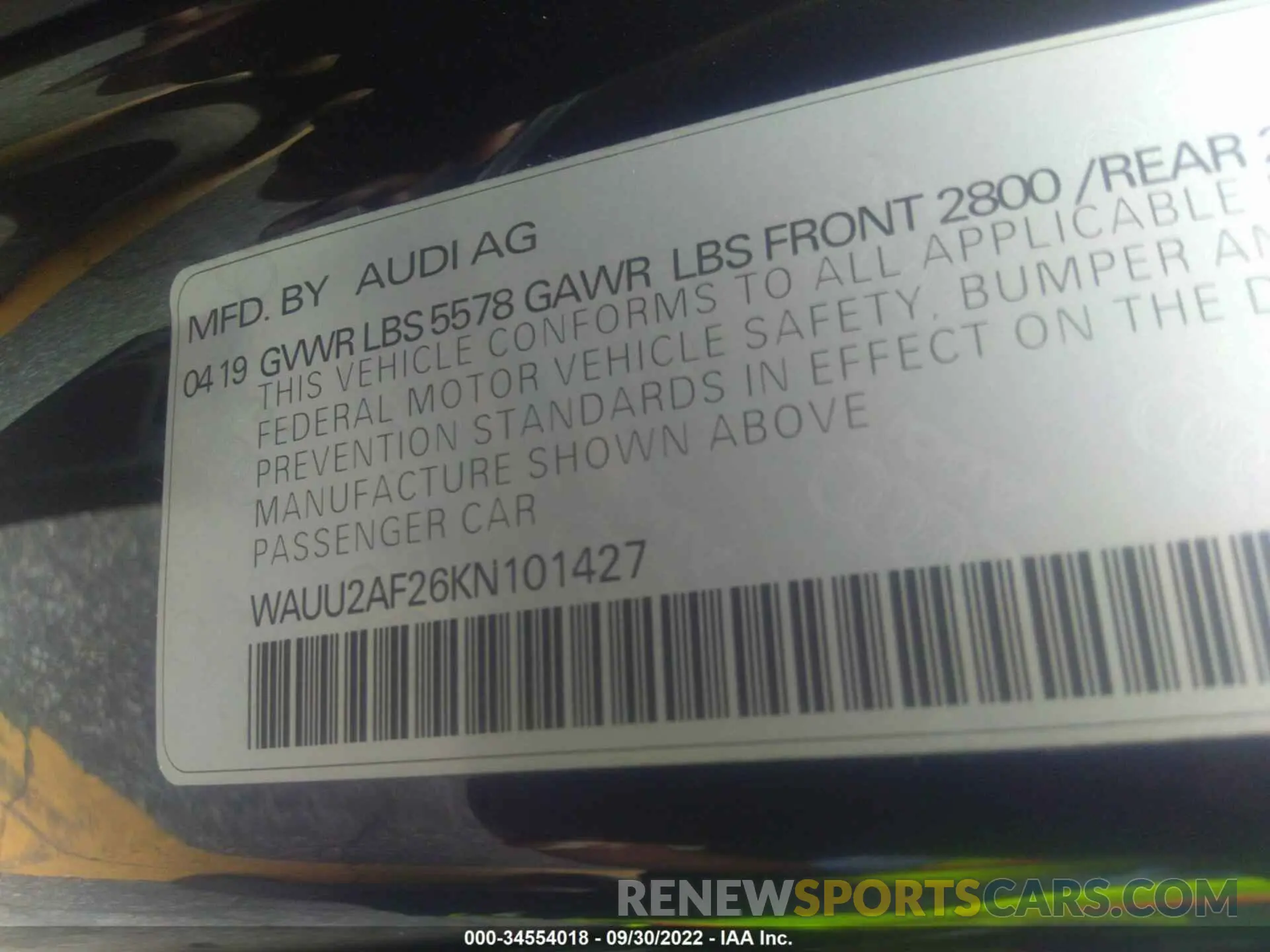 9 Photograph of a damaged car WAUU2AF26KN101427 AUDI A7 2019