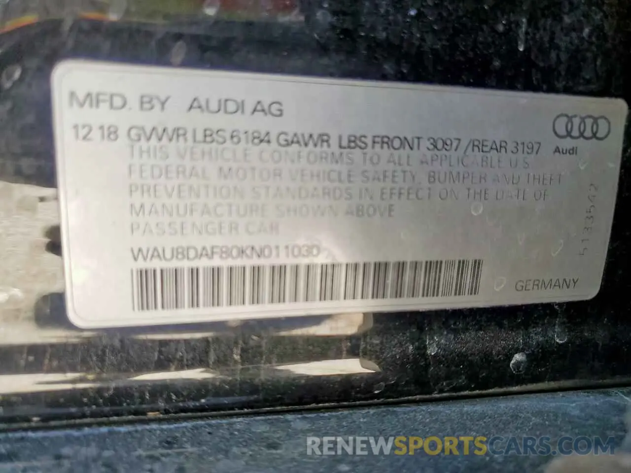 12 Photograph of a damaged car WAU8DAF80KN011030 AUDI A8 2019