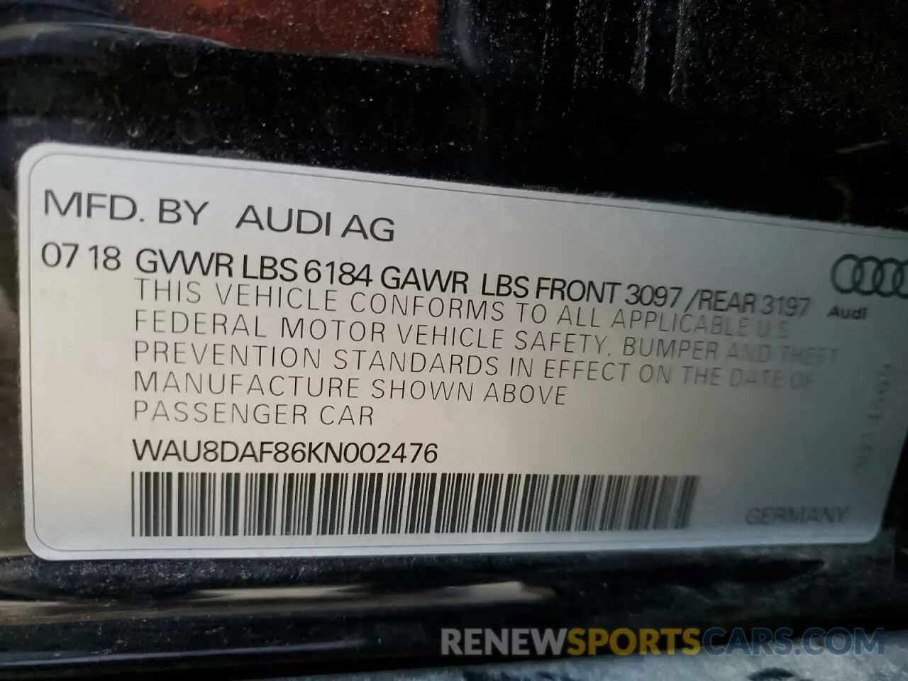 12 Photograph of a damaged car WAU8DAF86KN002476 AUDI A8 2019