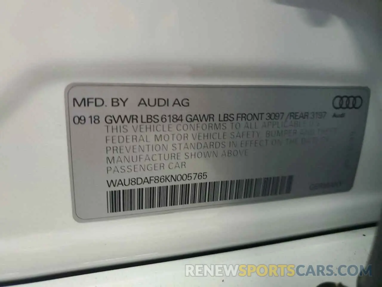 13 Photograph of a damaged car WAU8DAF86KN005765 AUDI A8 2019