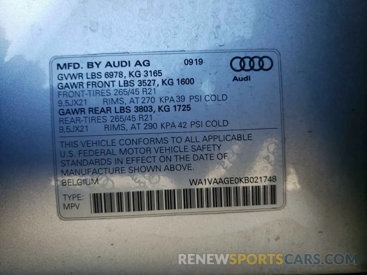 14 Photograph of a damaged car WA1VAAGE0KB021748 AUDI E-TRON 2019