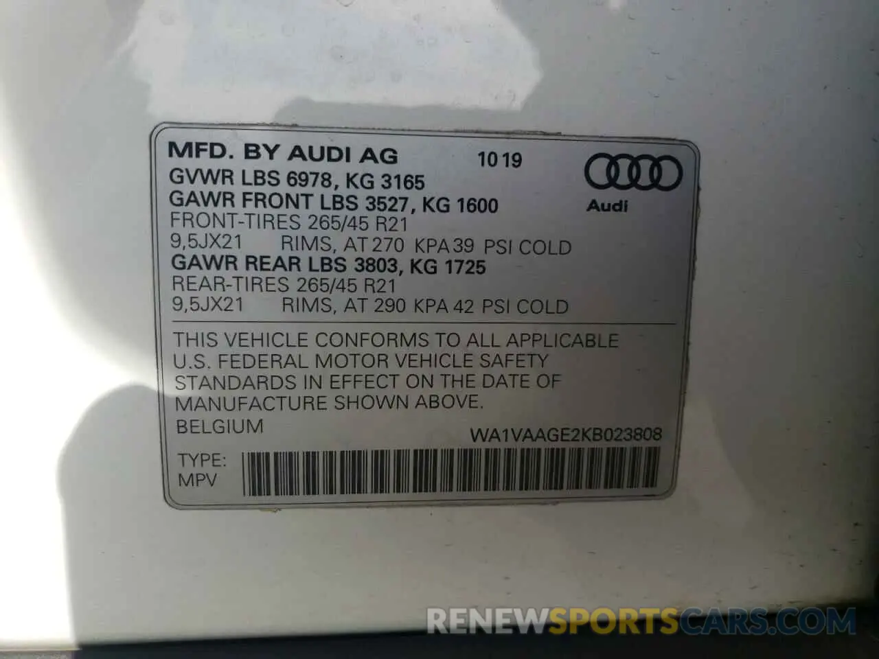 13 Photograph of a damaged car WA1VAAGE2KB023808 AUDI E-TRON 2019