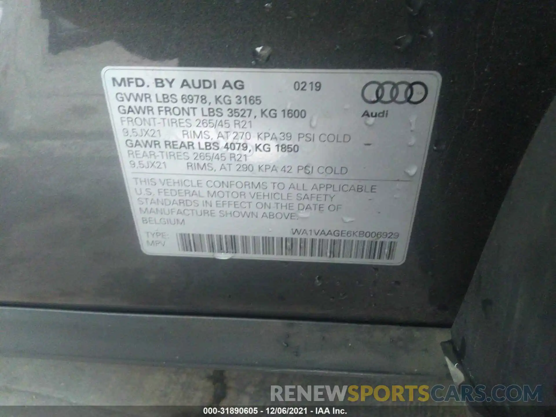 9 Photograph of a damaged car WA1VAAGE6KB006929 AUDI E-TRON 2019