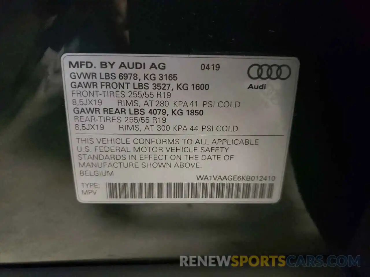 10 Photograph of a damaged car WA1VAAGE6KB012410 AUDI E-TRON 2019