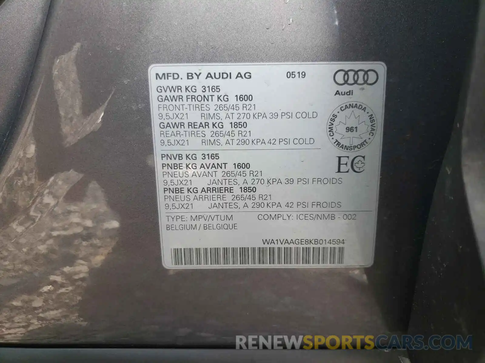 10 Photograph of a damaged car WA1VAAGE8KB014594 AUDI E-TRON 2019