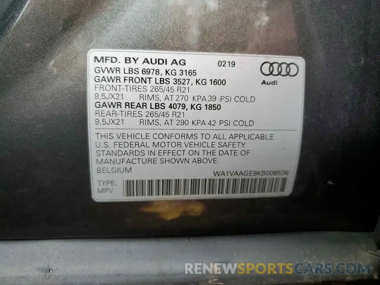 10 Photograph of a damaged car WA1VAAGE9KB006536 AUDI E-TRON 2019