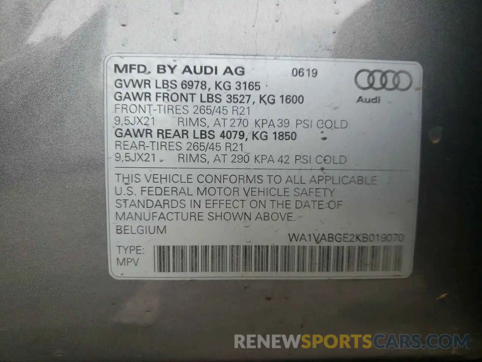 10 Photograph of a damaged car WA1VABGE2KB019070 AUDI E-TRON 2019