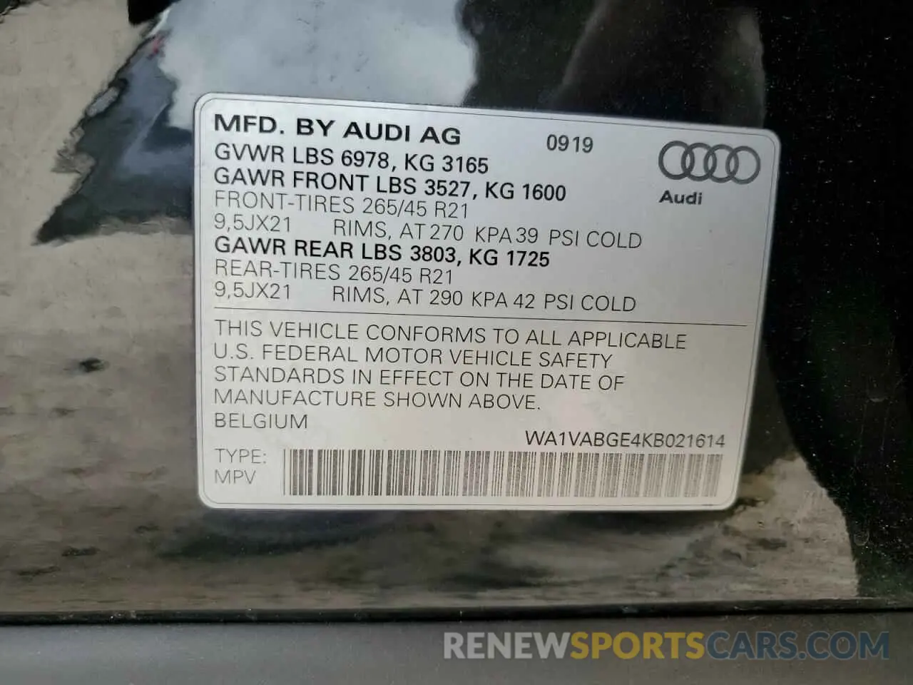 13 Photograph of a damaged car WA1VABGE4KB021614 AUDI E-TRON 2019