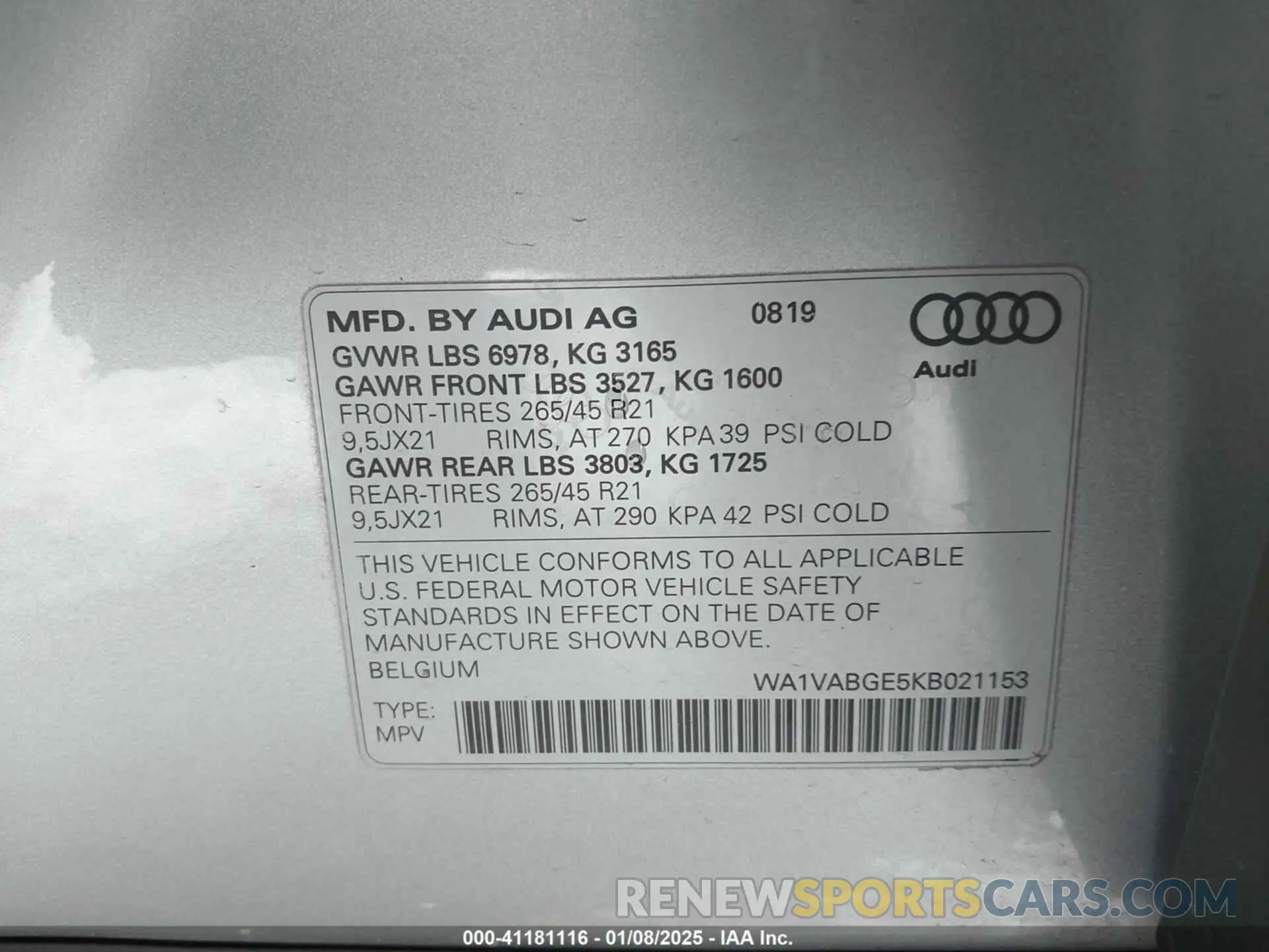9 Photograph of a damaged car WA1VABGE5KB021153 AUDI E-TRON 2019